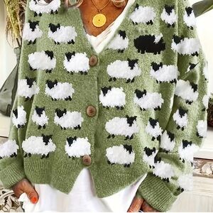 Green Sheep Pattern V-Neck Cardigan Sweater